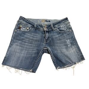 Miss Me Low Rise Denim Medium Blue Shorts Sz 26 Raw Hem Button Flap Pockets